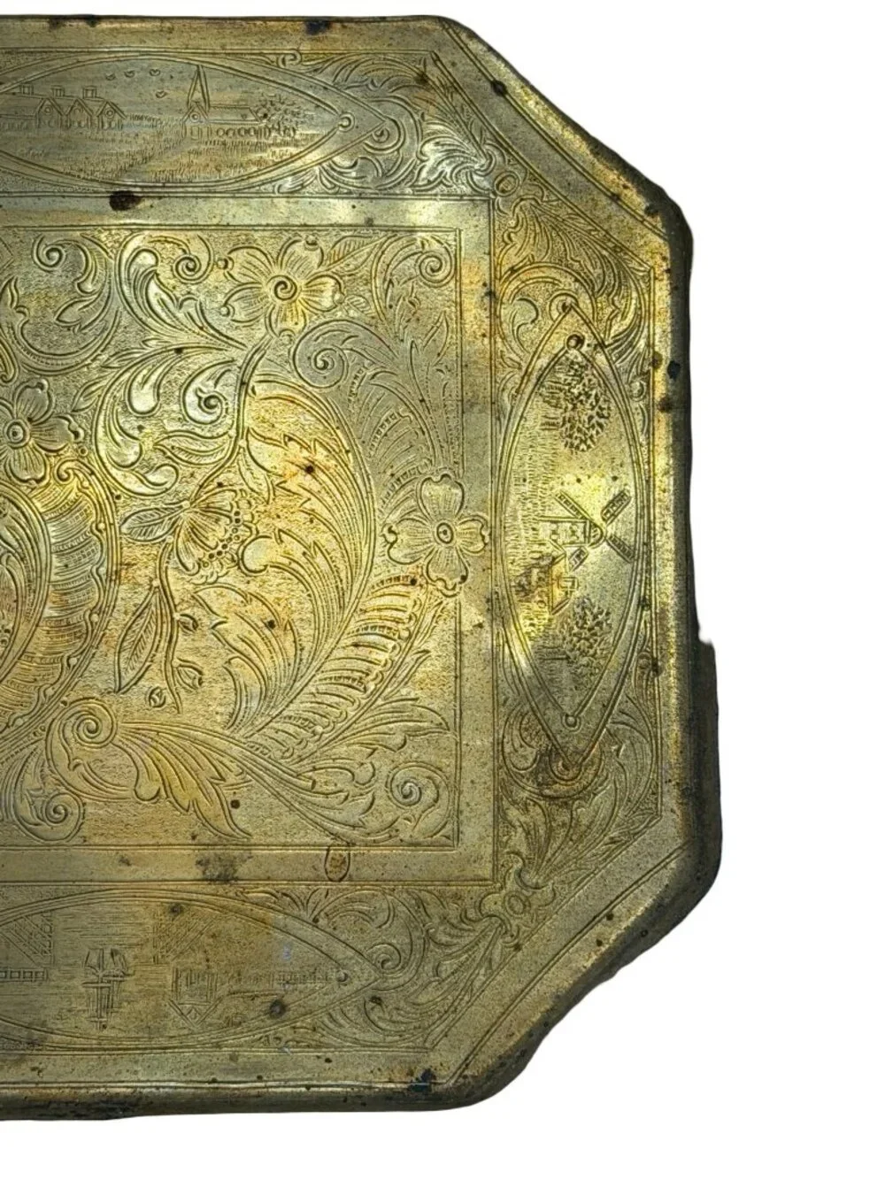 Antique Brass Tone Dutch Windmill Serving Tray Rectangular Handled Etched Metal